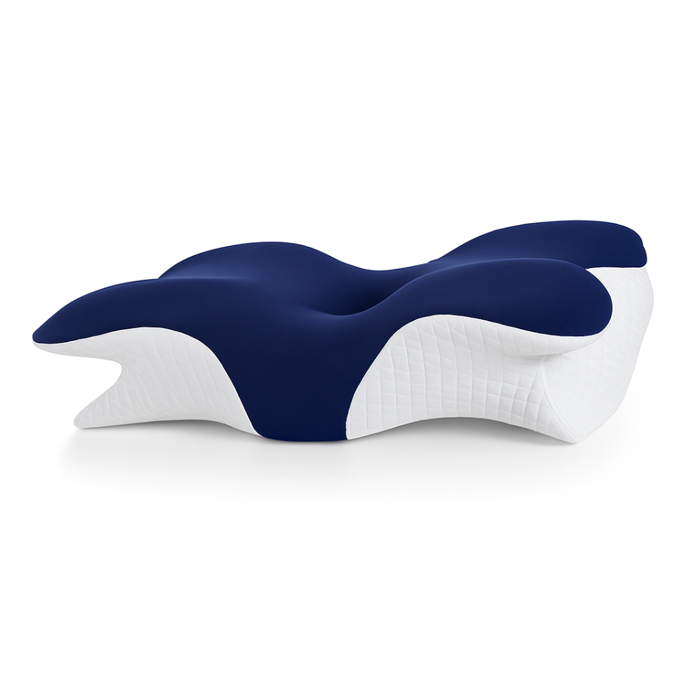 Oreiller ergonomique blanc et bleu marine pour soulager les douleurs cervicales