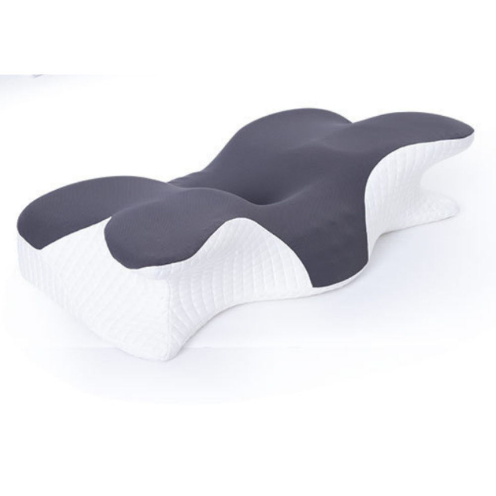 Oreiller ergonomique blanc et gris anthracite isolé montrant sa forme et son design